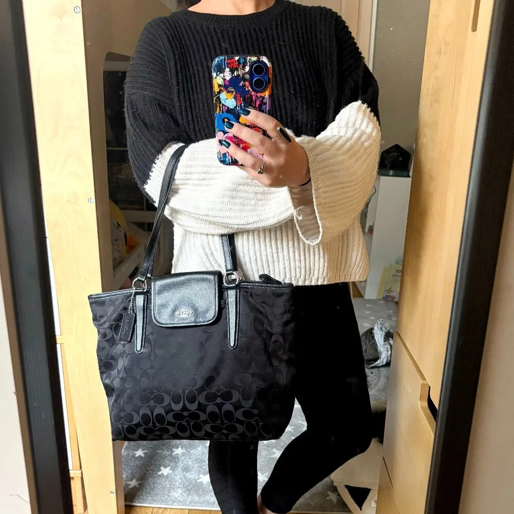 Coach Ward Tote in Signature Black Nylon w/ Leather Details